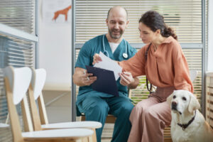 male vet talking with female dog owner at clinic with her yellow labrador retriever dog sitting next to her feet